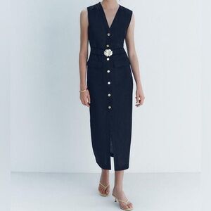 ZARA Linen Blend Navy Midi Dress with belt / gold buckle button down